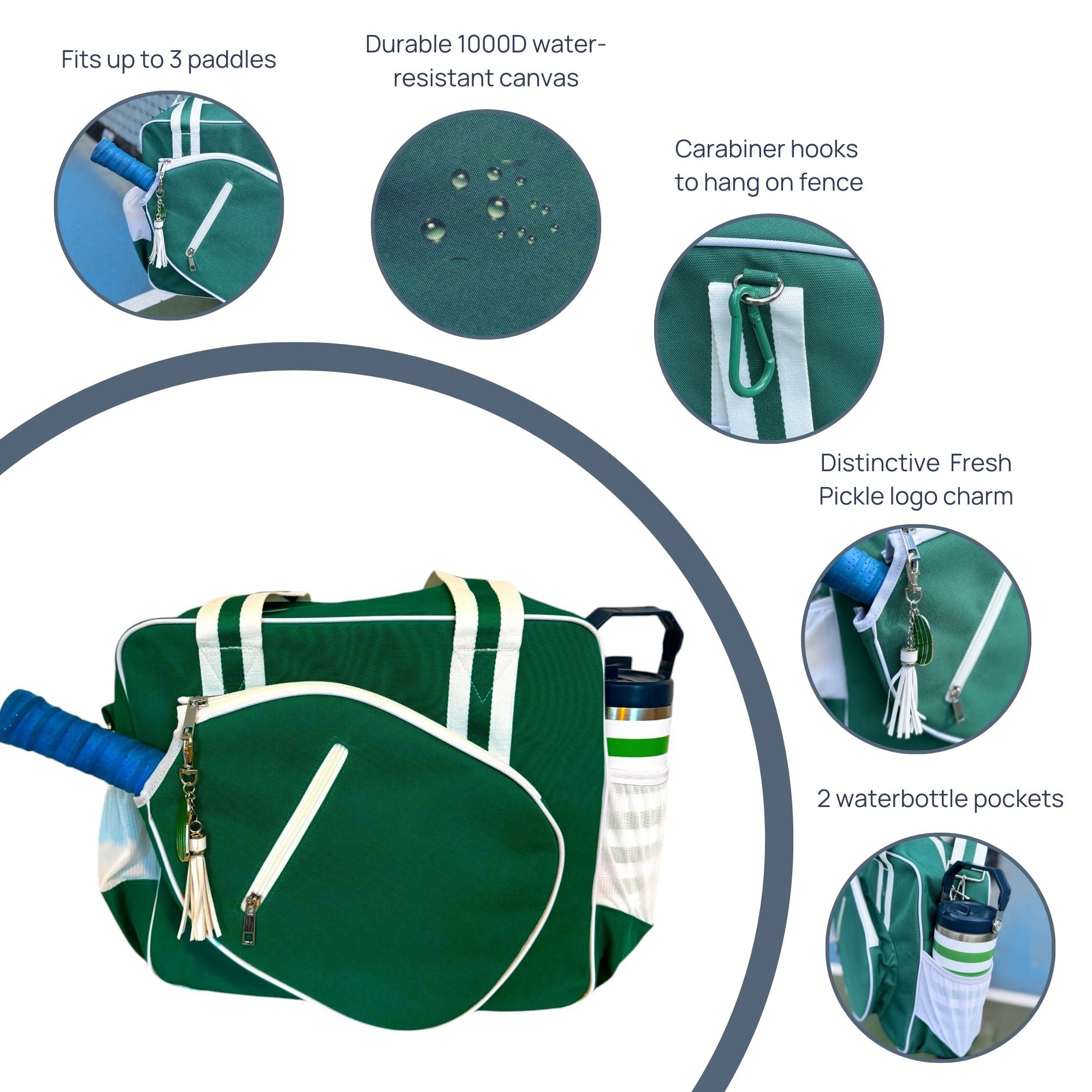 Green pickleball bag with white accents, fits three paddles, water-resistant, carabiner, water bottle pockets, logo charm.