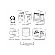 Black and white line art infographic showing a bundle of eye care and comfort items with labels: 2 hair ties, 2 lens wipes, 2 pain relivers, 3 adhesive bandages, a wrist sweatband, 2 antiperspirant wipes, and 1 lip balm.