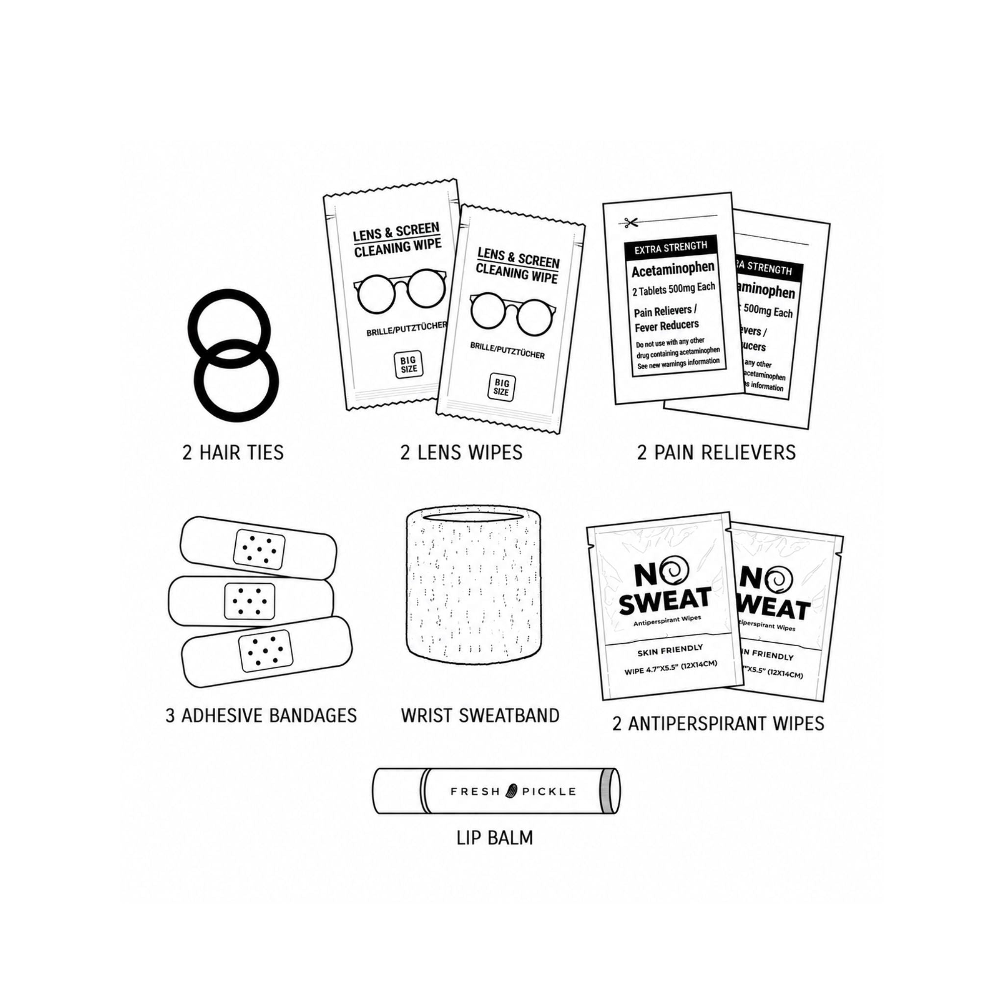 Black and white line art infographic showing a bundle of eye care and comfort items with labels: 2 hair ties, 2 lens wipes, 2 pain relivers, 3 adhesive bandages, a wrist sweatband, 2 antiperspirant wipes, and 1 lip balm.