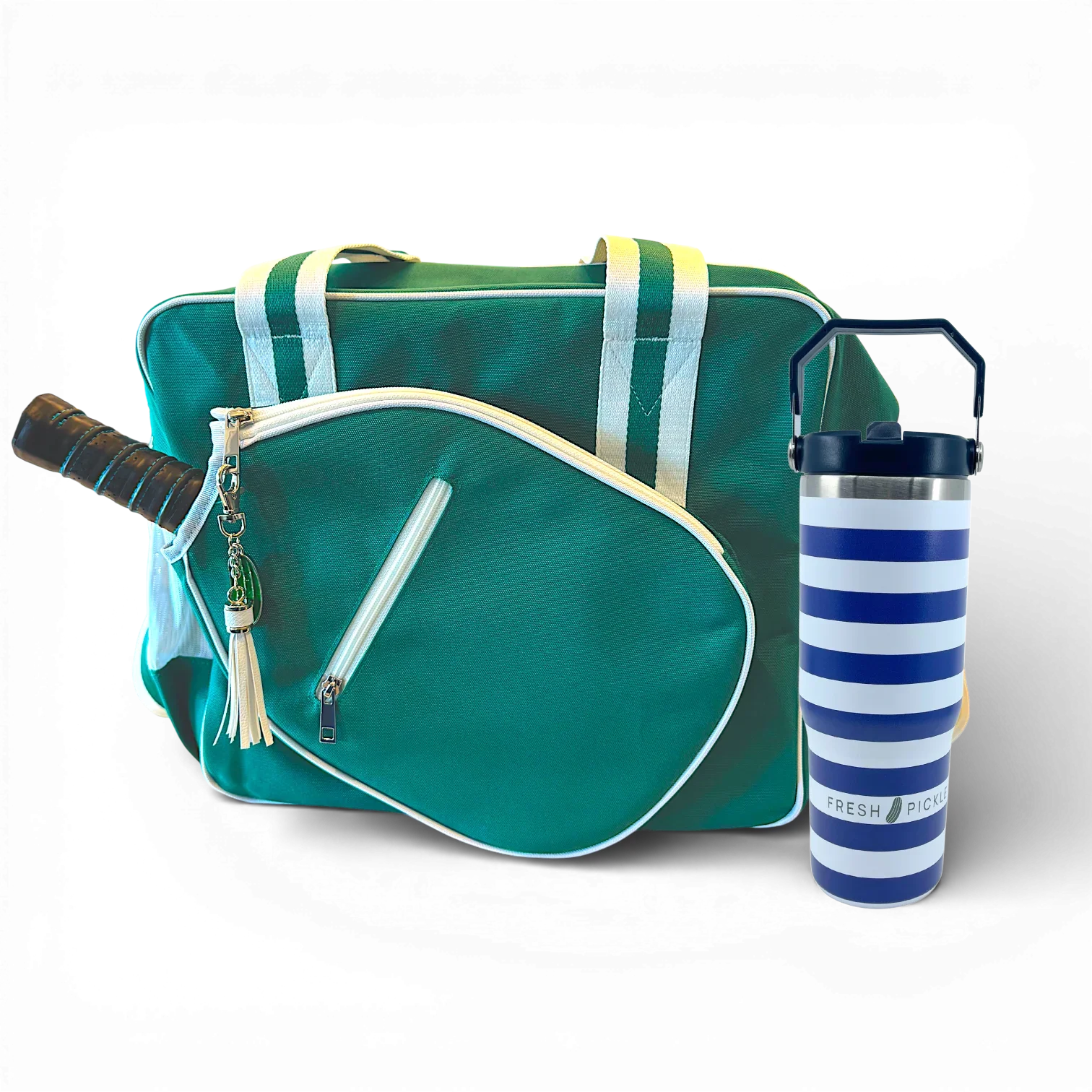 Green and white pickleball bag with paddle pocket and blue striped water bottle