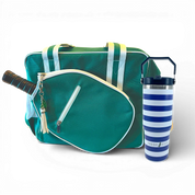 Green and white pickleball bag with paddle pocket and blue striped water bottle