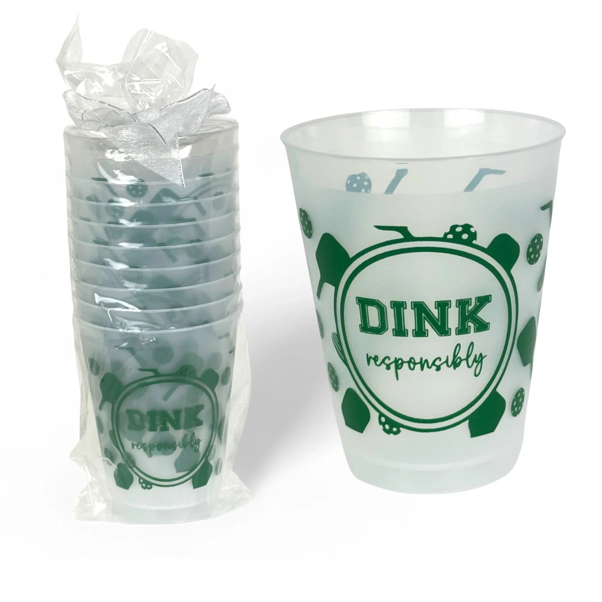 Set of reusable pickleball party cups with green 'Dink responsibly' design