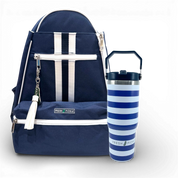 Navy pickleball backpack with white stripes and a blue striped tumbler, trendy gear set