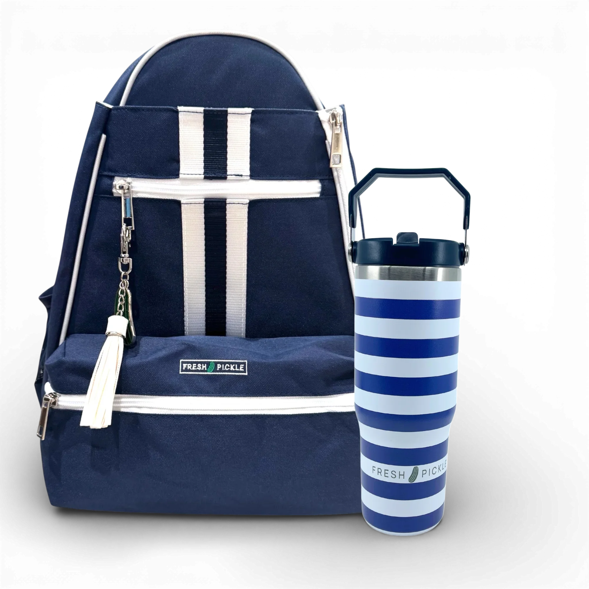 Navy pickleball backpack with white stripes and a blue striped tumbler, trendy gear set