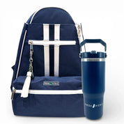 Navy and white pickleball backpack with striped accents and a matching blue insulated tumbler
