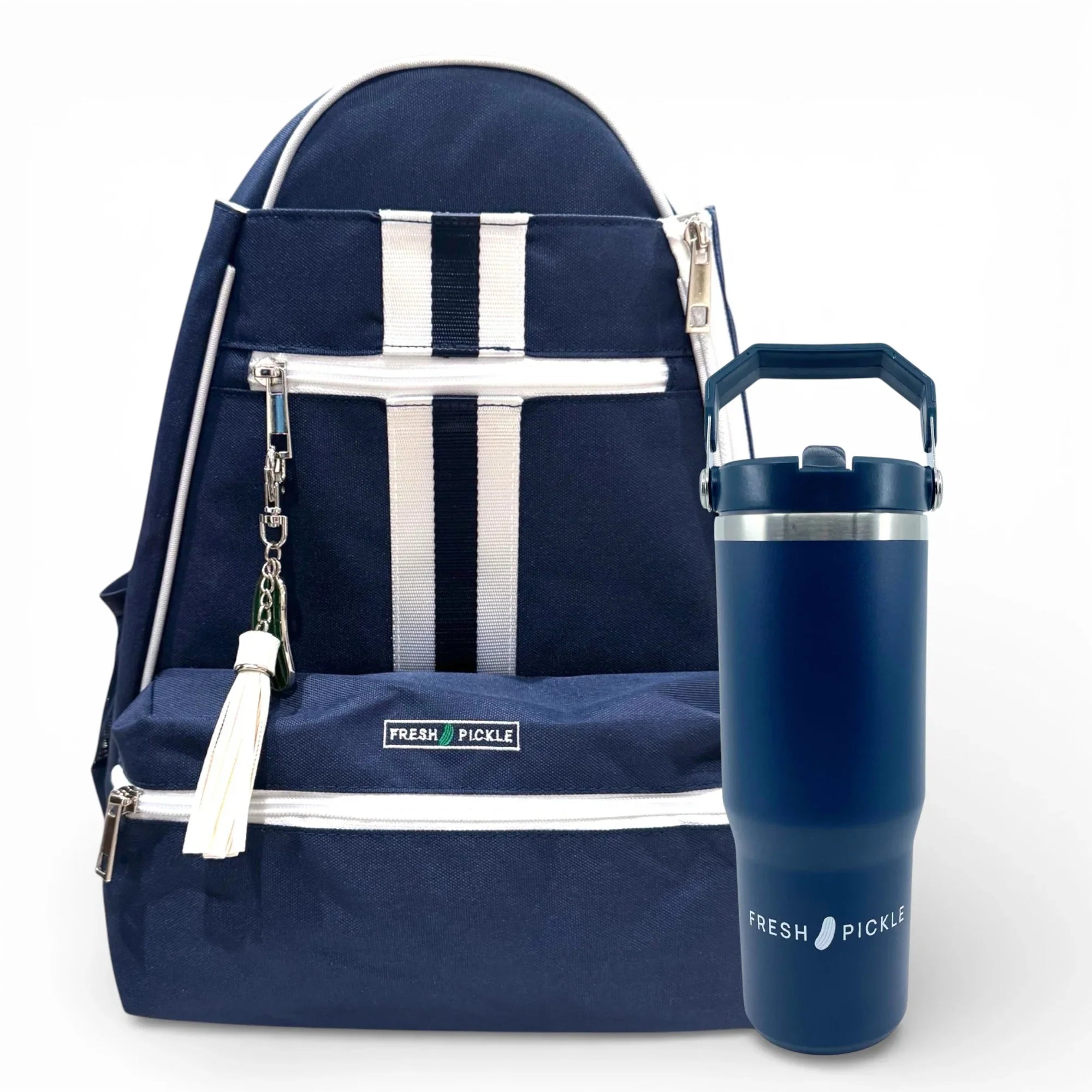 Navy and white pickleball backpack with striped accents and a matching blue insulated tumbler