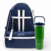 Navy and white pickleball backpack with a green tumbler, both featuring Fresh Pickle logos