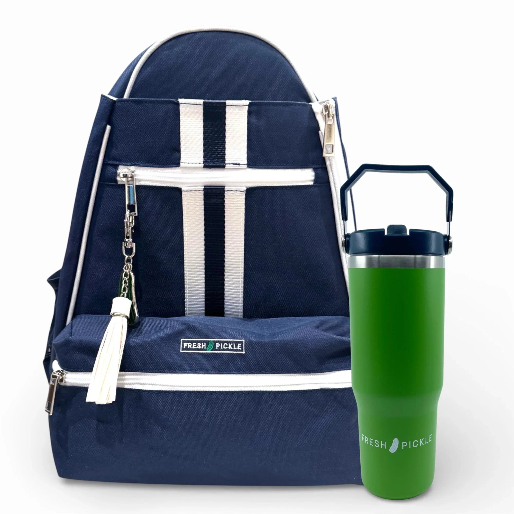 Navy and white pickleball backpack with striped details and solid green tumbler