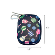 A small zippered pouch with a colorful pickleball racket pattern on a dark navy background, shown with dimension lines indicating 4.5 inches by 5.5 inches